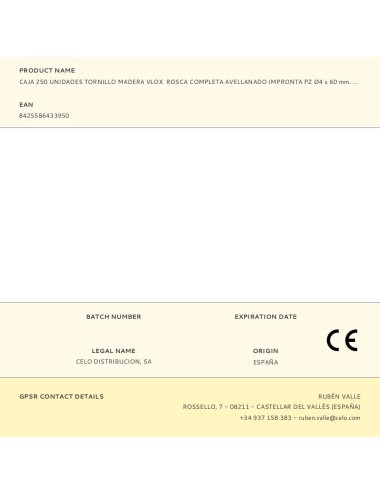 Caja 250 unidades tornillo madera vlox rosca completa avellanado impronta pz ø4 x 60 mm. bicromatado