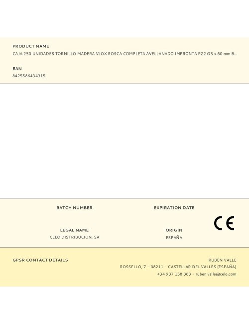 Caja 250 unidades tornillo madera vlox rosca completa avellanado impronta pz2 ø5 x 60 mm bicromatado