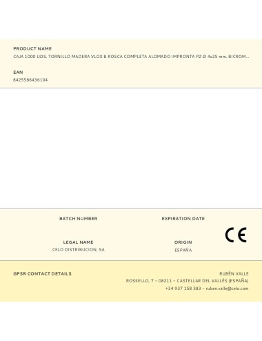 Caja 1000 uds. tornillo madera vlox b rosca completa alomado impronta pz ø 4x25 mm. bicromatado