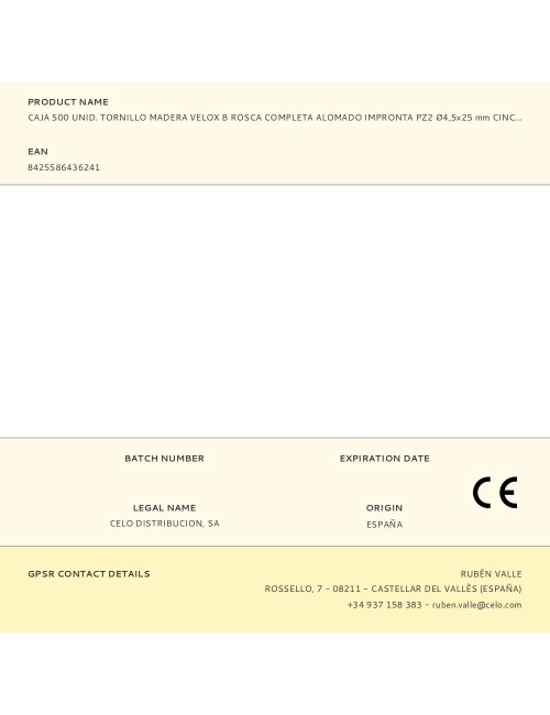 Caja 500 unid. tornillo madera velox b rosca completa alomado impronta pz2 ø4,5x25 mm cincado