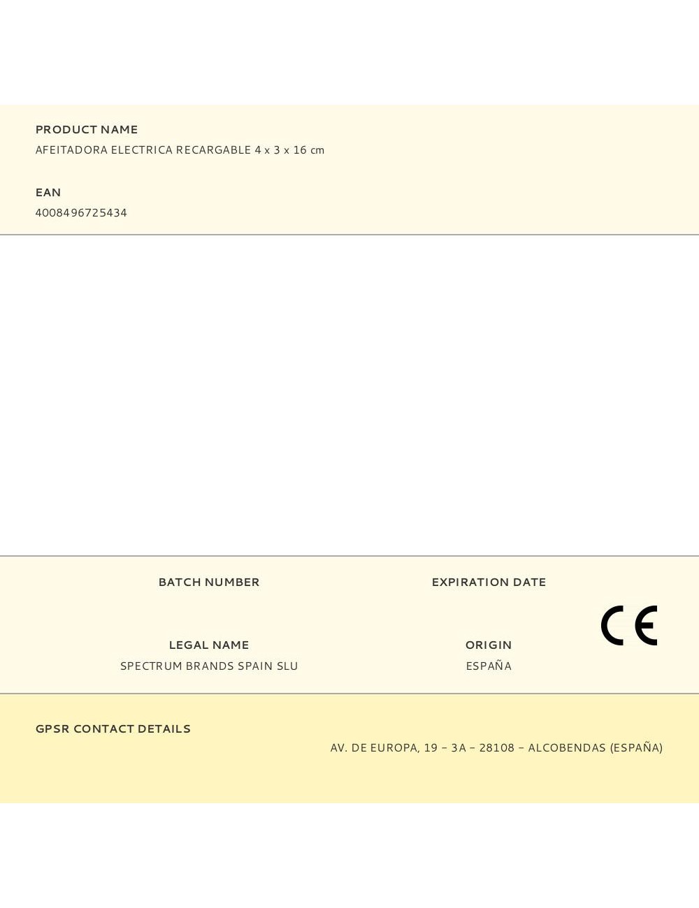 Afeitadora eléctrica recargable 4 x 3 x 16 cm