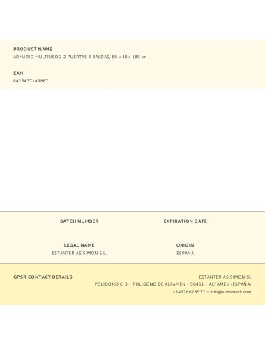 Armario multiusos 2 puertas 4 baldas, 80 x 40 x 180 cm