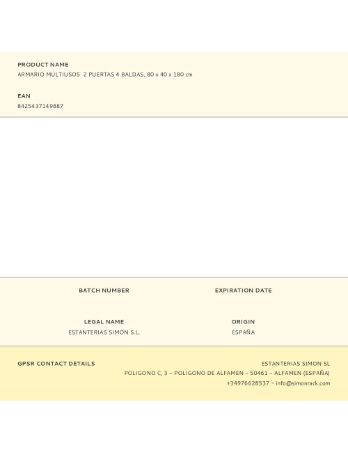 Armario multiusos 2 puertas 4 baldas, 80 x 40 x 180 cm