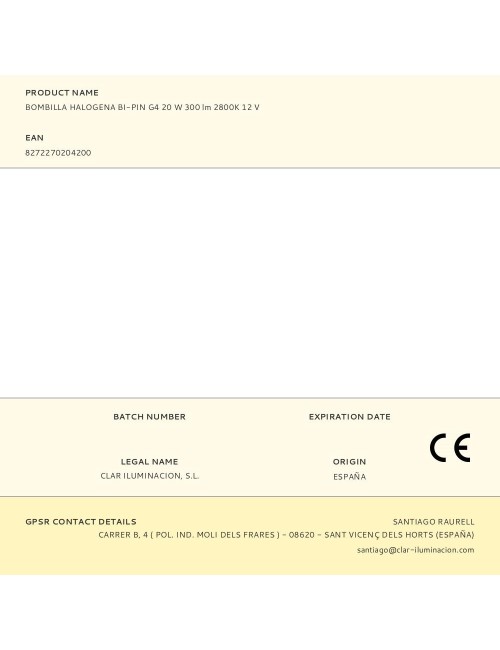 Bombilla halogena bi-pin g4 20 w 300 lm 2800k 12 v