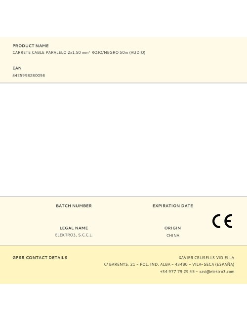 Carrete cable paralelo 2x1,50 mm rojo/negro 50m (audio)