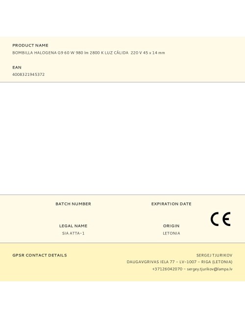 Bombilla halogena g9 60 w 980 lm 2800 k luz cálida 220 v 45 x 14 mm