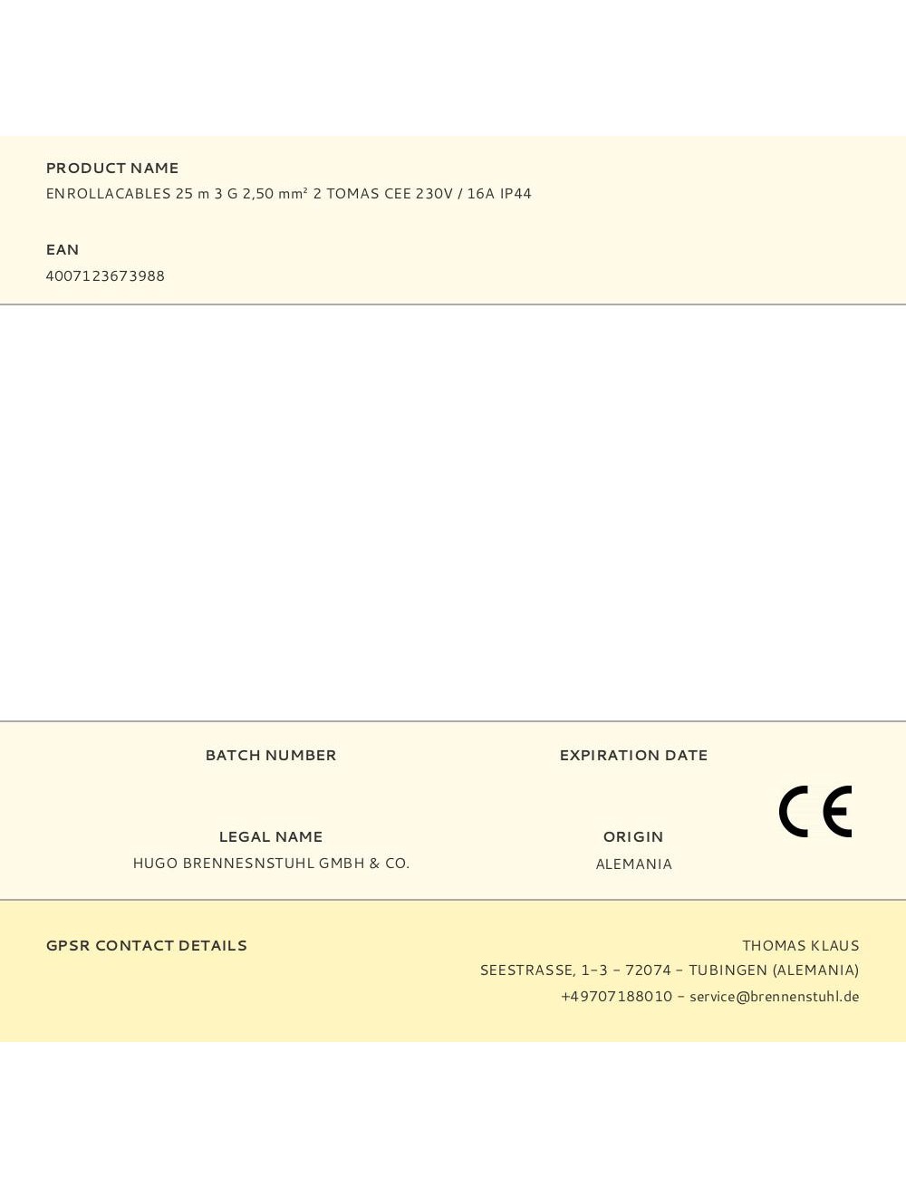 Enrollacables 25 m 3 g 2,50 mm 2 tomas cee 230v / 16a ip44