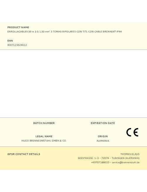 Enrollacables 50 m 3 g 1,50 mm 3 tomas bipolares con t/tl con cable bremaxx® ip44