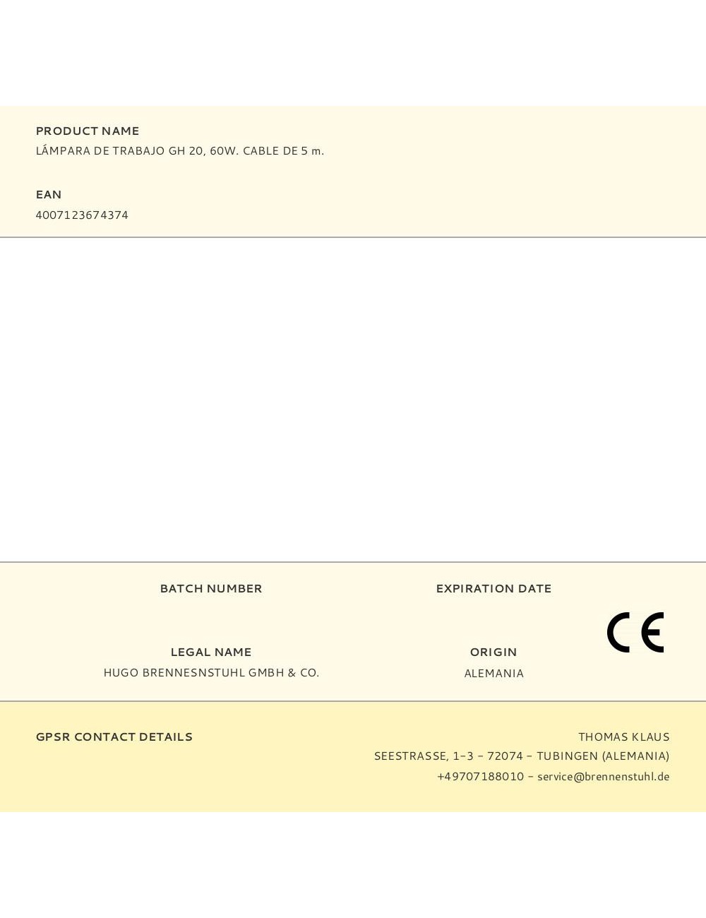 Lámpara de trabajo gh 20, 60w. cable de 5 m.