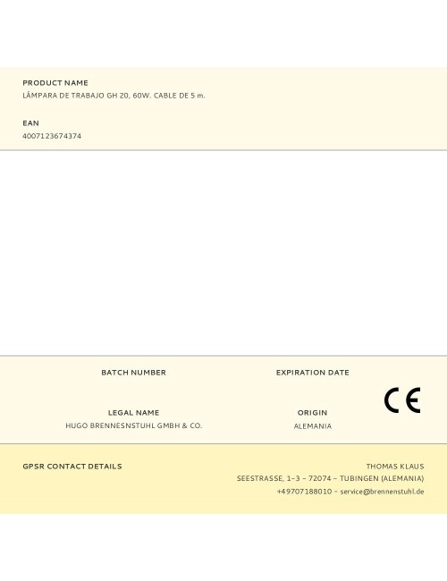 Lámpara de trabajo gh 20, 60w. cable de 5 m.