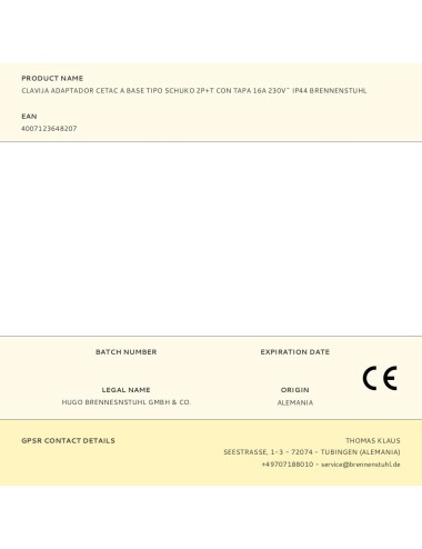 Clavija adaptador cetac a base tipo schuko 2p+t con tapa 16a 230v~ ip44 brennenstuhl