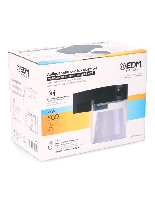 Aplique solar cilindrico 4 w 500 lm, 3.000/4.000/6.500 k, 3cct, con sensor, negro