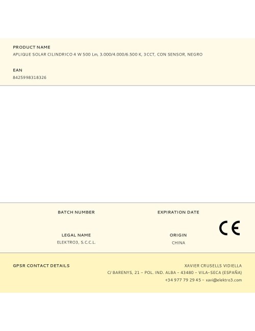 Aplique solar cilindrico 4 w 500 lm, 3.000/4.000/6.500 k, 3cct, con sensor, negro