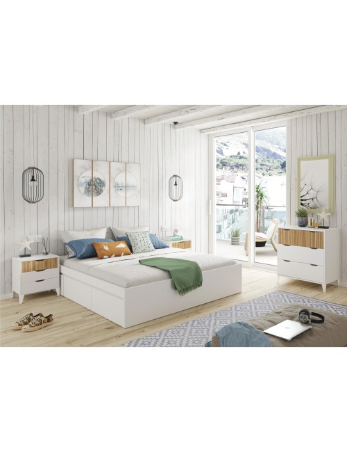 Mesita de noche, 3 cajones, blanco + natural