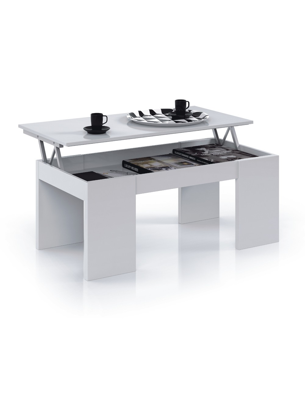 Mesa centro elevable, blanco brillo