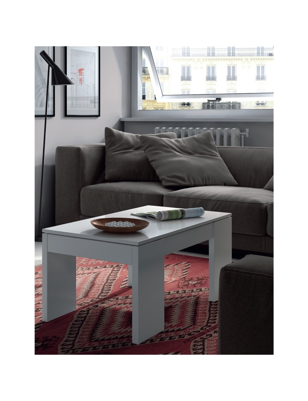 Mesa centro elevable, blanco brillo