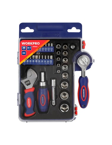 Vasos con carraca, mango y llave ajustable, métrica, 38 piezas