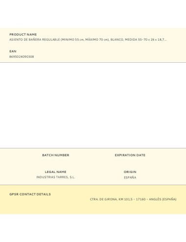 Asiento de bañera regulable (minimo 55 cm, máximo 70 cm), blanco, medida 55-70 x 26 x 18,7 cm