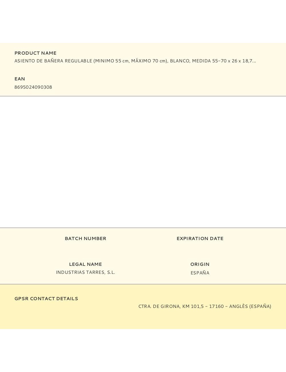 Asiento de bañera regulable (minimo 55 cm, máximo 70 cm), blanco, medida 55-70 x 26 x 18,7 cm