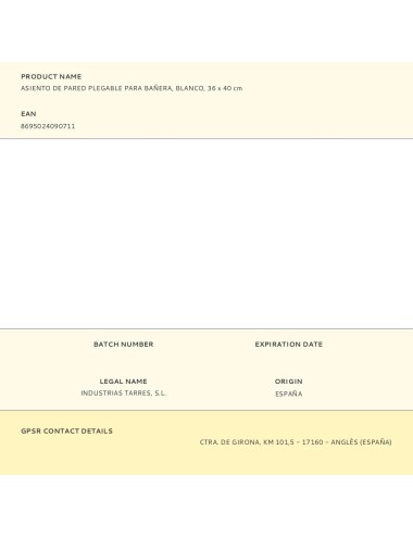 Asiento de pared plegable para bañera, blanco, 36 x 40 cm