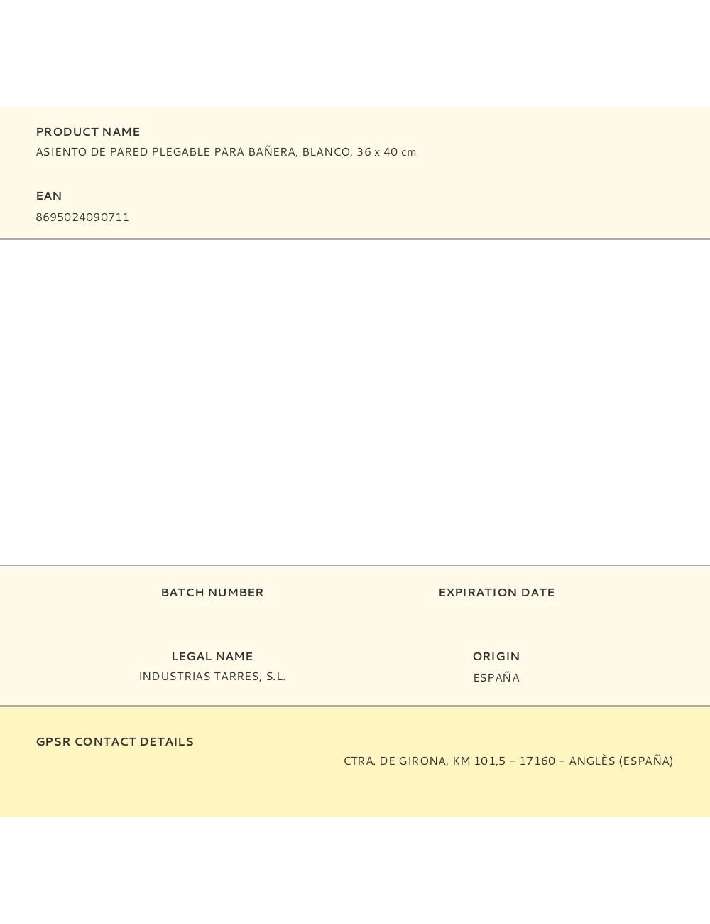 Asiento de pared plegable para bañera, blanco, 36 x 40 cm