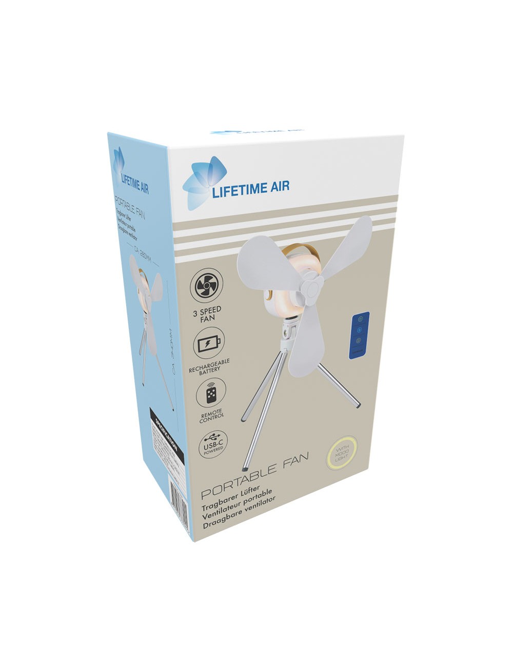 Ventilador portátil, recargable con usb, 3 aspas, 4 velocidades, con mando