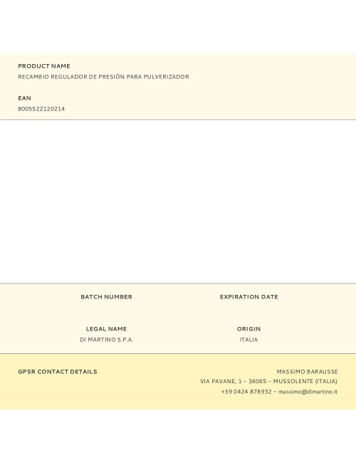 Recambio regulador de presión para pulverizador