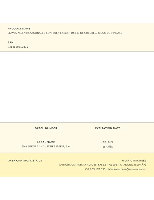 Llaves allen hexagonales con bola1.5 mm -10 mm, de colores, juego de 9 piezas