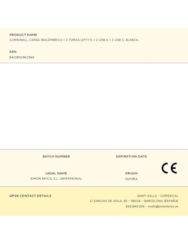 Combiball, carga inalámbrica + 3 tomas (2pt+t) + 2 usb a + 2 usb c, blanca.