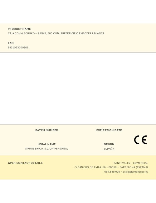 Caja con 4 schuko + 2 rj45, 500 cima superficie o empotrar blanca