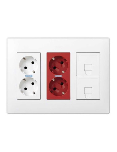 Caja con 2 schukos blancos + 2 schukos rojos + 2 rj45 500 cima superficie o empotrar blanca