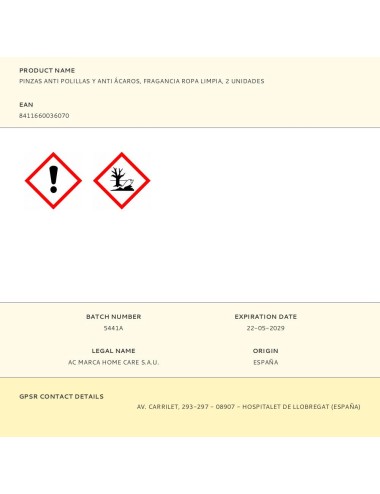 Pinzas anti polillas y anti ácaros, fragancia ropa limpia, 2 unidades