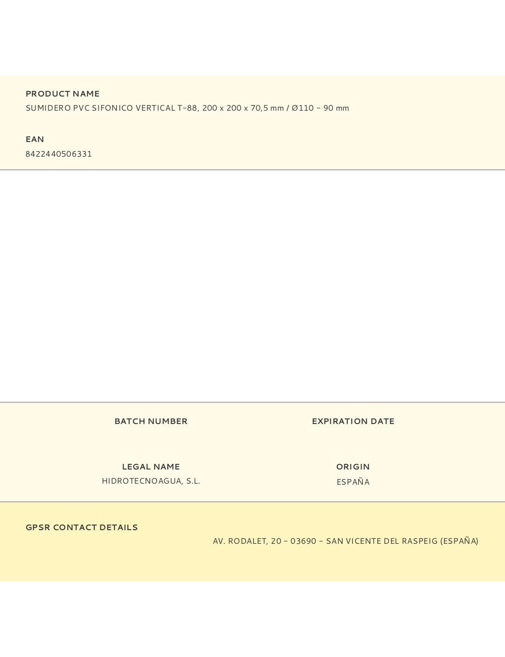 Sumidero pvc sifonico vertical t-88, 200 x 200 x 70,5 mm / ø110 - 90 mm