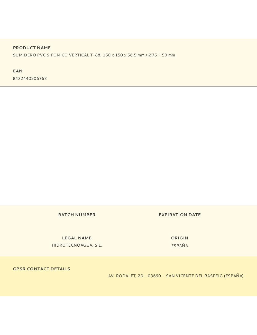 Sumidero pvc sifonico vertical t-88, 150 x 150 x 56,5 mm / ø75 - 50 mm