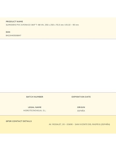 Sumidero pvc sifonico 360 t-88 vh, 250 x 250 x 70,5 mm / ø110 - 90 mm