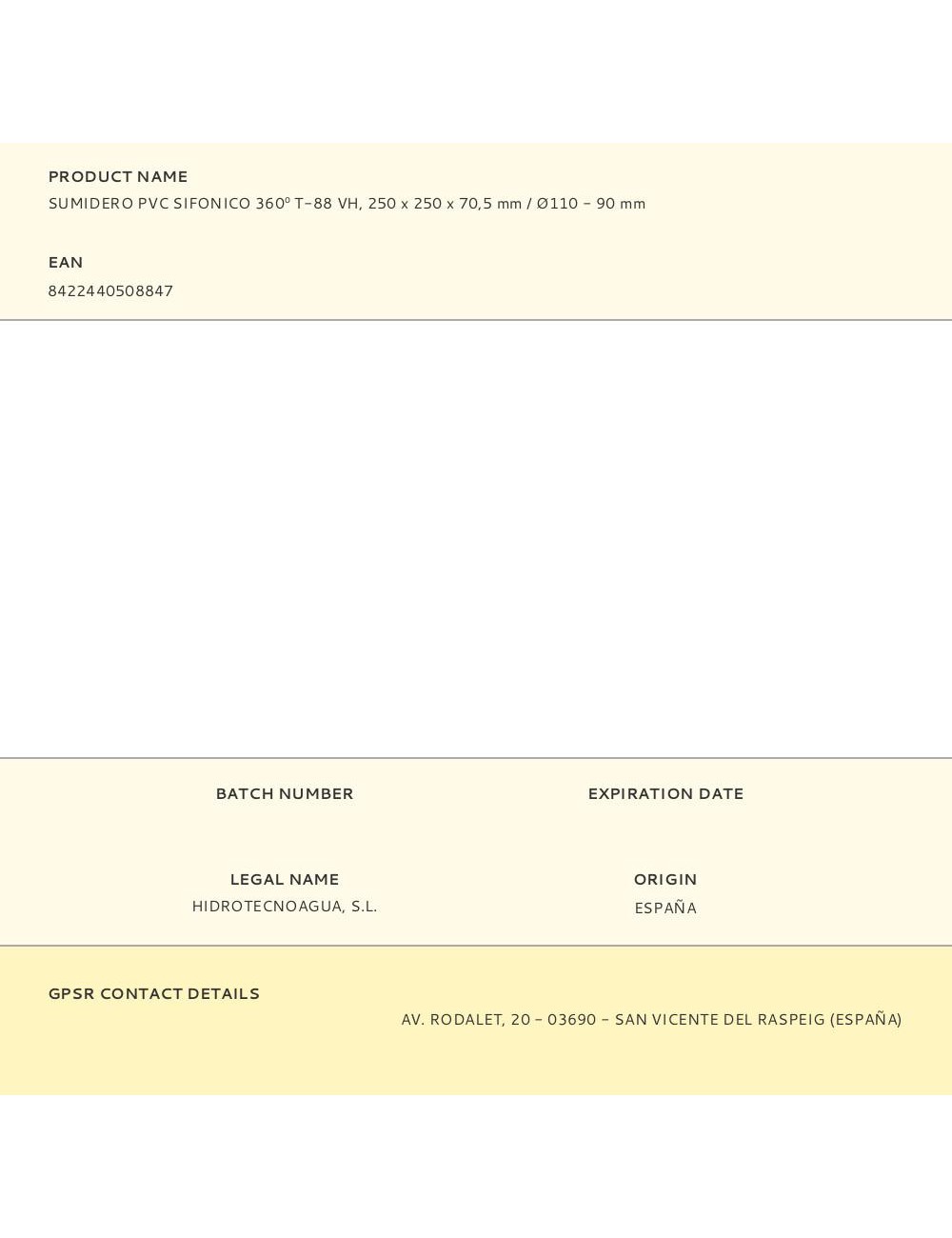 Sumidero pvc sifonico 360 t-88 vh, 250 x 250 x 70,5 mm / ø110 - 90 mm