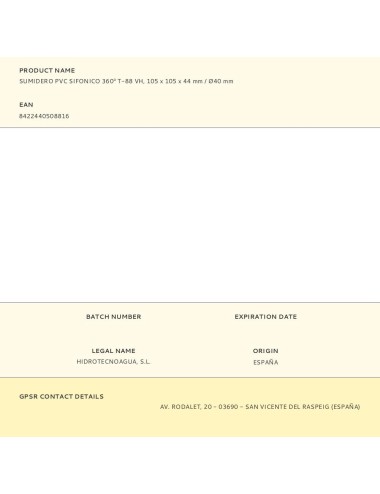 Sumidero pvc sifonico 360 t-88 vh, 105 x 105 x 44 mm / ø40 mm