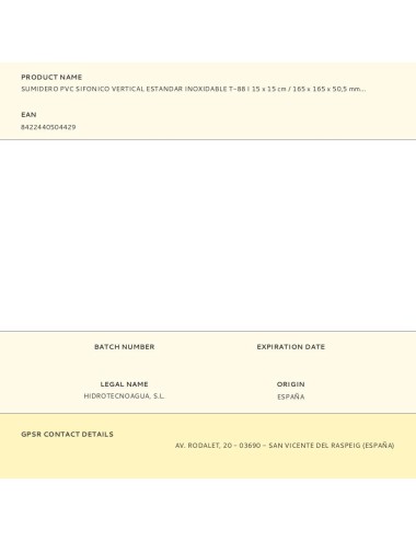 Sumidero pvc sifonico vertical estandar inoxidable t-88 i 15 x 15 cm / 165 x 165 x 50,5 mm / ø50 mm