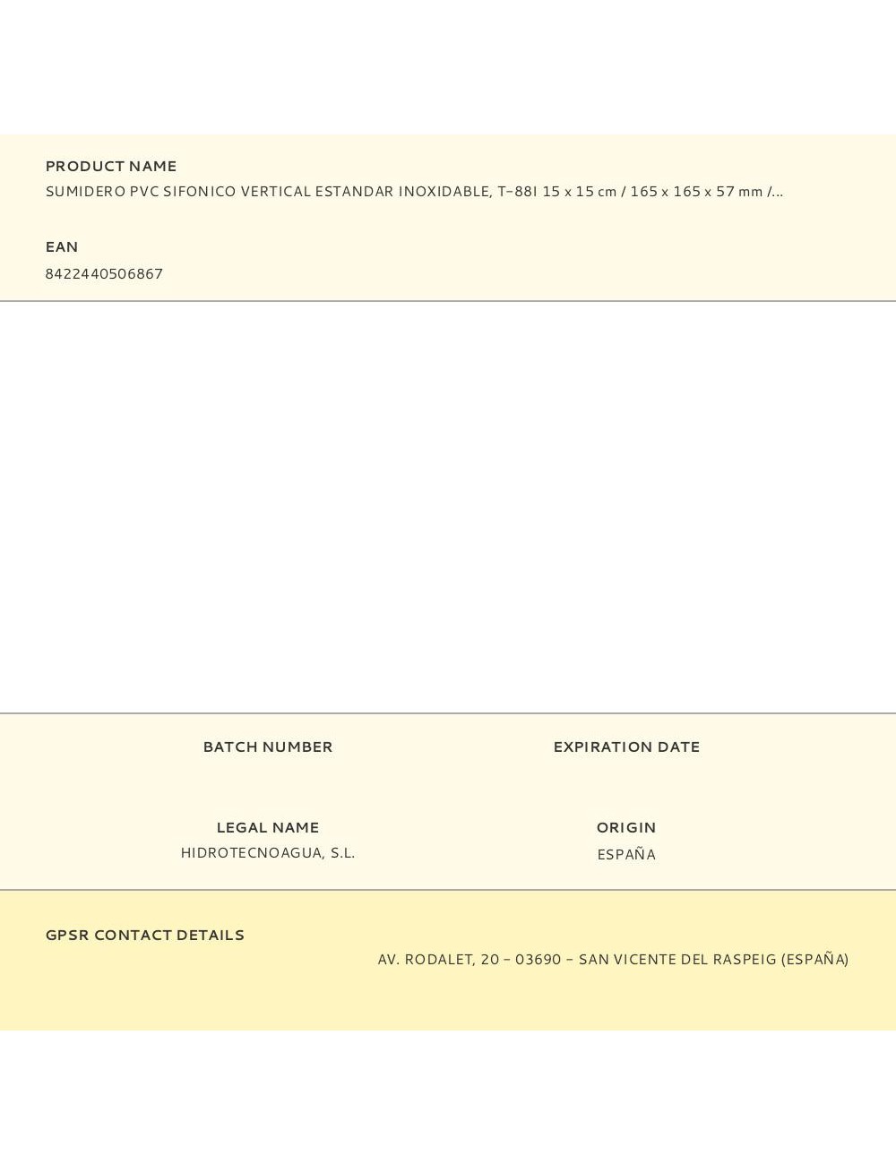 Sumidero pvc sifonico vertical estandar inoxidable, t-88i 15 x 15 cm / 165 x 165 x 57 mm / ø75 - 50 mm