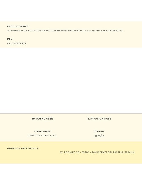 Sumidero pvc sifonico 360 estándar inoxidable t-88 vhi 15 x 15 cm / 65 x 165 x 51 mm / ø50 mm