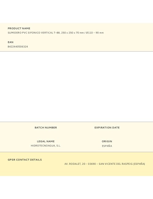 Sumidero pvc sifonico vertical t-88, 250 x 250 x 70 mm / ø110 - 90 mm