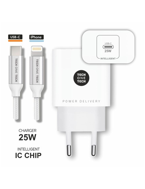 Cargador 25 w ultrarrápido pd + cable nylon ligthning blanco 1 m