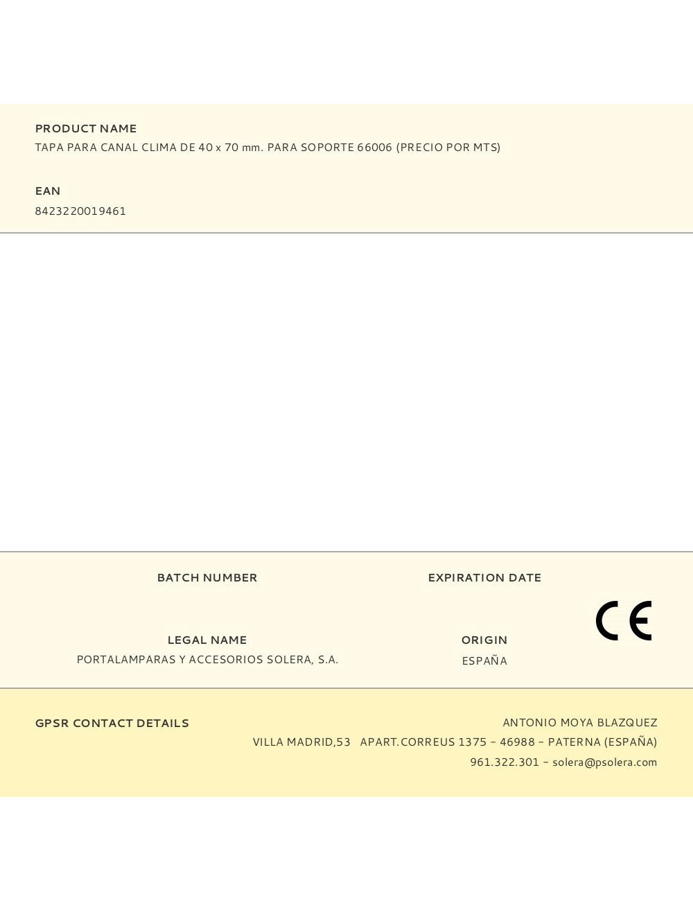 Tapa para canal clima de 40 x 70 mm. para soporte 66006 (precio por mts)