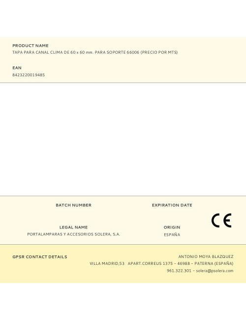 Tapa para canal clima de 60 x 60 mm. para soporte 66006 (precio por mts)