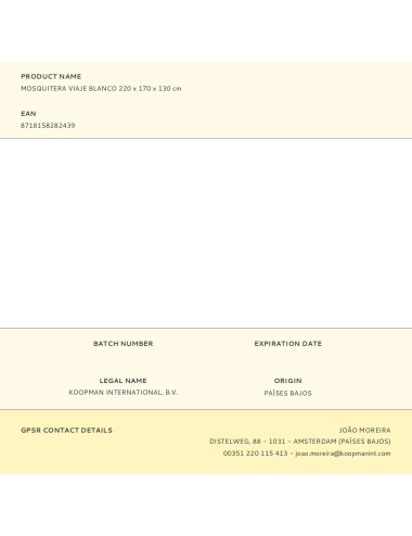 Mosquitera viaje blanco 220 x 170 x 130 cm