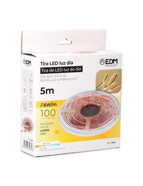Tira led adhesiva 4.000k 8 w/m 100 lm/w 24 v dc ip65, 5 m x 10 mm luz dia
