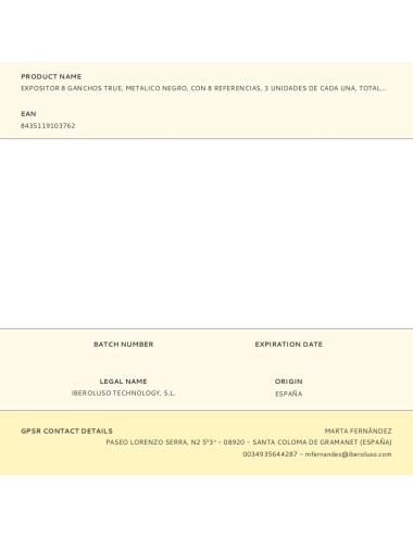 Expositor 8 ganchos true, metalico negro, con 8 referencias, 3 unidades de cada una, total 24 unidades, 41 x 20 x 45 cm