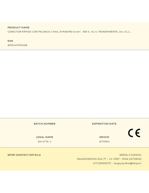 Conector rápido con palanca 2 vias, ø maximo 6 mm, 450 v , 41 a transparente 16 x 21,1 x 10,1 mm