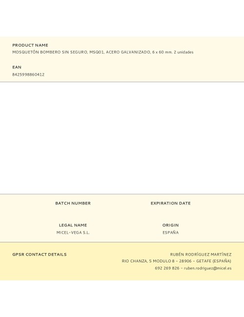 Mosquetón bombero sin seguro, msq01, acero galvanizado, 6 x 60 mm. 2 unidades