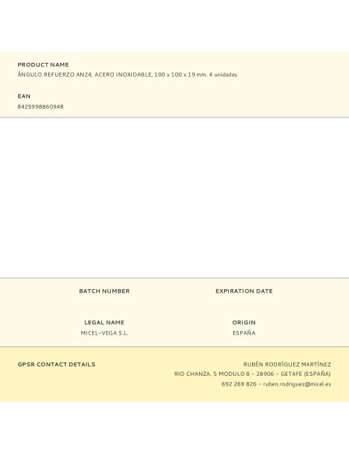 Ángulo refuerzo an24, acero inoxidable, 100 x 100 x 19 mm. 4 unidades